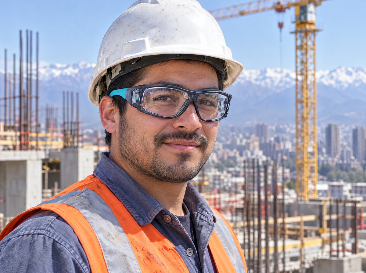 Trabajador en obra usando lentes de seguridad
