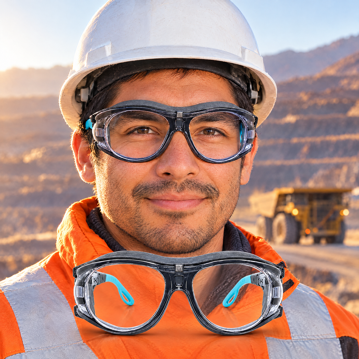 Trabajador minero chileno usando el lente de seguridad Rodenstock SEG 18 Azul en faena, con el lente en primer plano