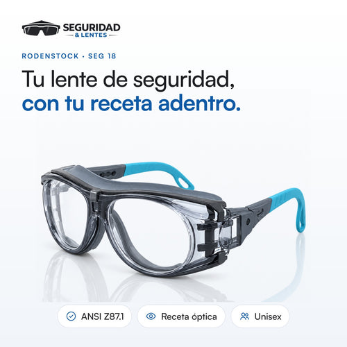 Tu lente de seguridad Rodenstock SEG 18, con tu receta adentro. Certificado ANSI Z87.1, unisex